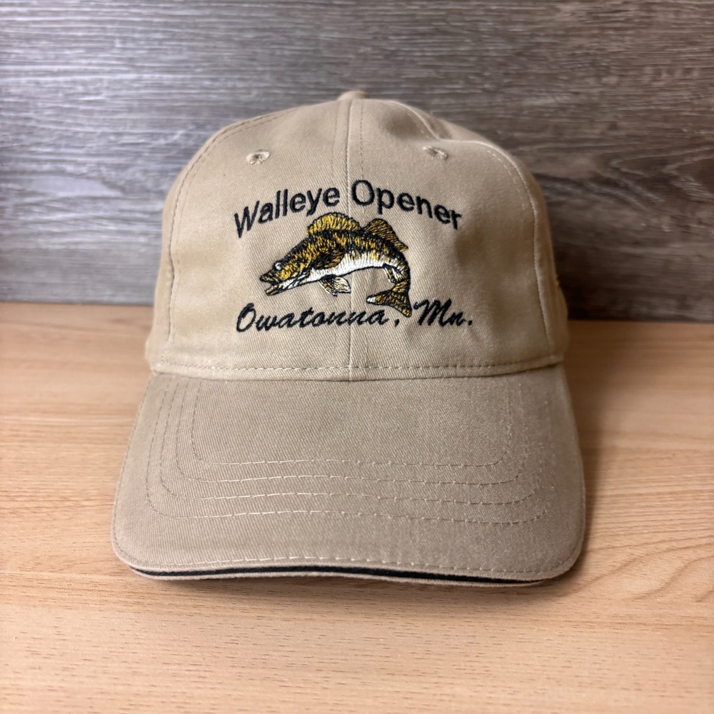 Walleye Opener Hat Strap Back Brown Embroidered Owatonna Minnesota Cabelas NWT